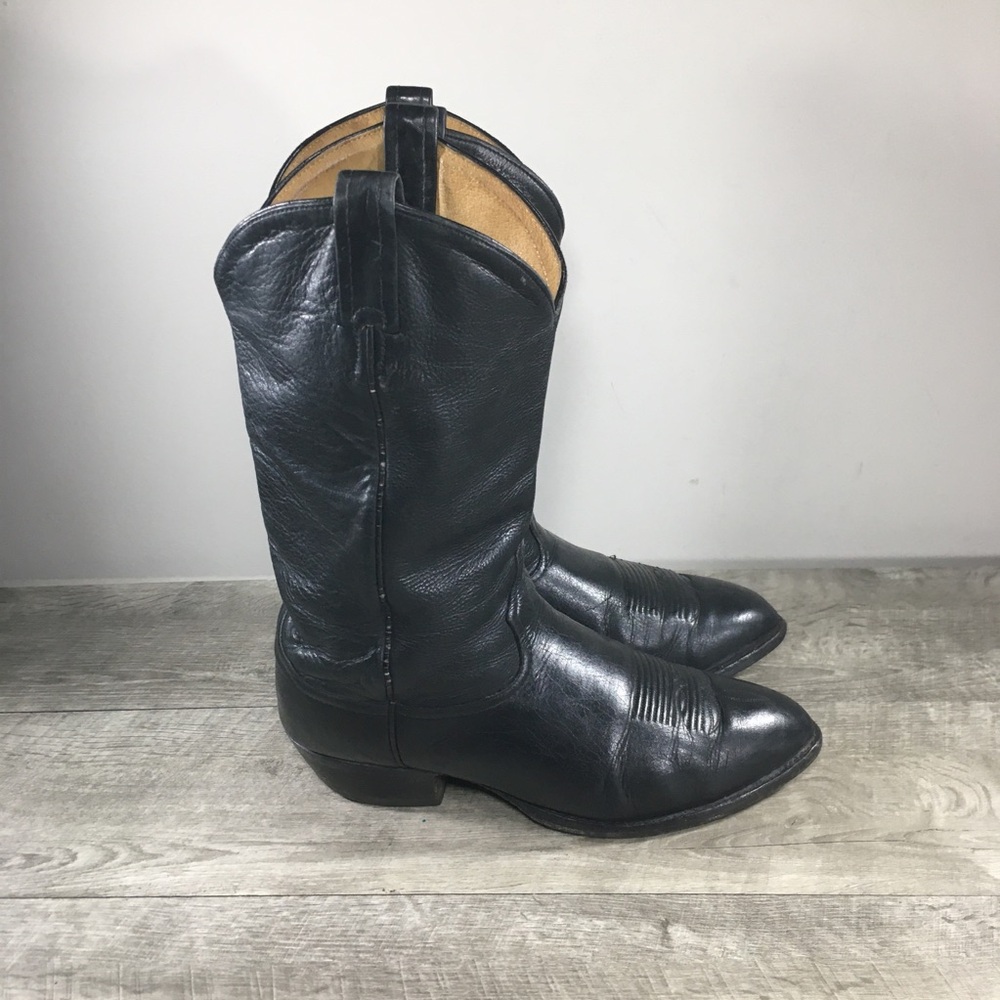 Vintage Tony Lama 6156 Deer Tan Black Leather Cowboy Western Mens Boots Size 9.5